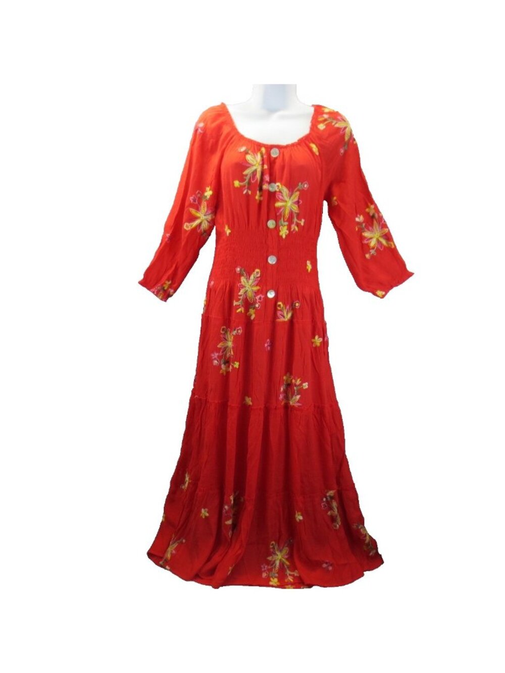 Anthropologie Fig and Flower Embroidered Peasant Tiered Ruffle Maxi Dress Sz PL